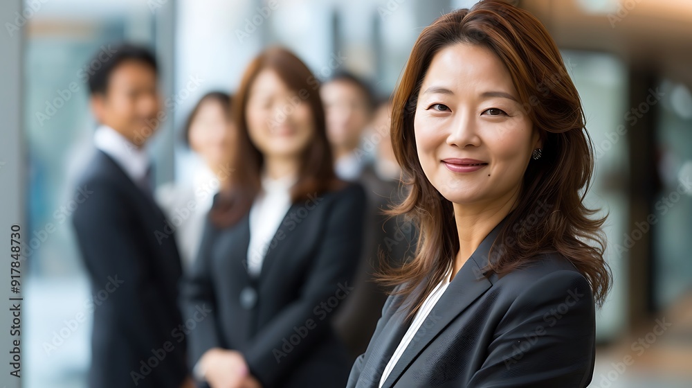 Confident Businesswoman Smiling in Front of a Diverse Team of Professionals Confident Businesswoman Smiling in Front of a Diverse Team of Professionals