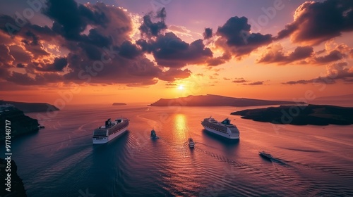 Stunning evening view of fira in santorini, greece, showcasing the caldera and volcano with cruise ships sailing against a dramatic sunset sky and cloudy atmosphere