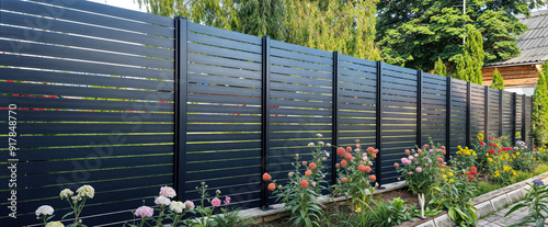 New black horizontal aluminum fence surrounding residential backyard garden #917848770