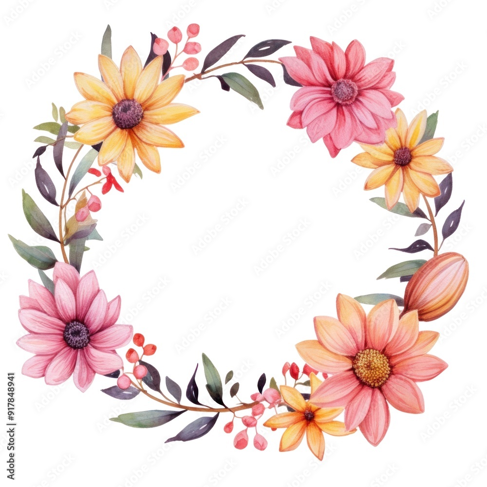 Elegant Floral Wreath Illustration with Pink and Yellow Flowers for Wedding Invitations and Greeting Cards Elegant Floral Wreath Illustration with Pink and Yellow Flowers for Wedding Invitations and Greeting Cards
