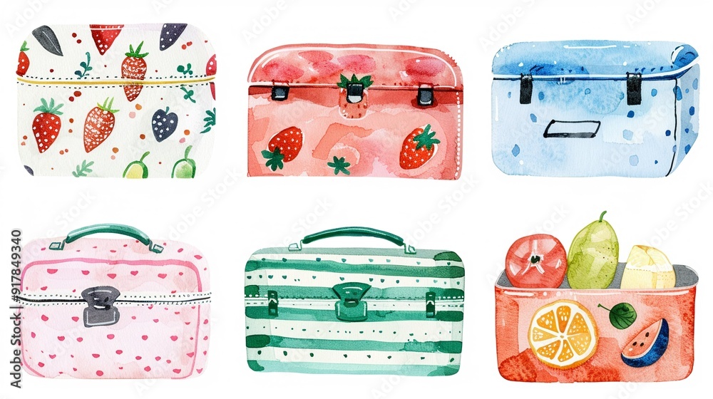Lunchboxes with fun designs,Clipart, watercolor illustration, Perfect for nursery art The style is hand drawn, white background Lunchboxes with fun designs,Clipart, watercolor illustration, Perfect for nursery art The style is hand drawn, white background
