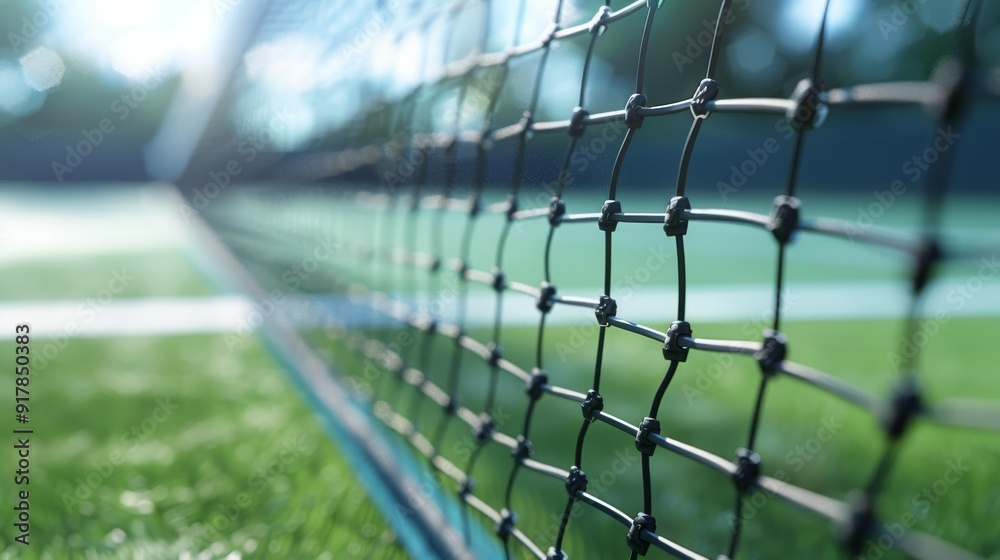 Impeccably maintained tennis court with pristine net in vibrant colors realistic close up Impeccably maintained tennis court with pristine net in vibrant colors realistic close up