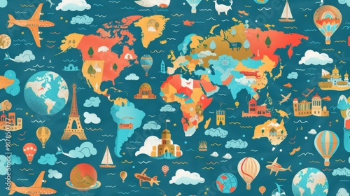 Wallpaper Mural Seamless pattern featuring icons of global landmarks, travel essentials, and cultural symbols representing famous cities and countries around the world, perfect for travel-themed designs and backgroun Torontodigital.ca