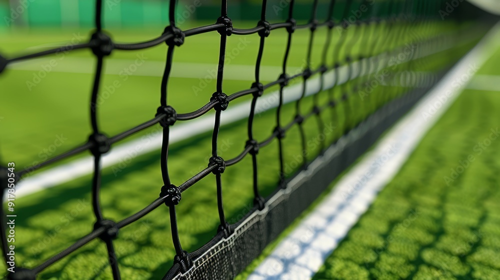 Impeccable tennis court with pristine net vibrant colors and clean lines in realistic close up Impeccable tennis court with pristine net vibrant colors and clean lines in realistic close up