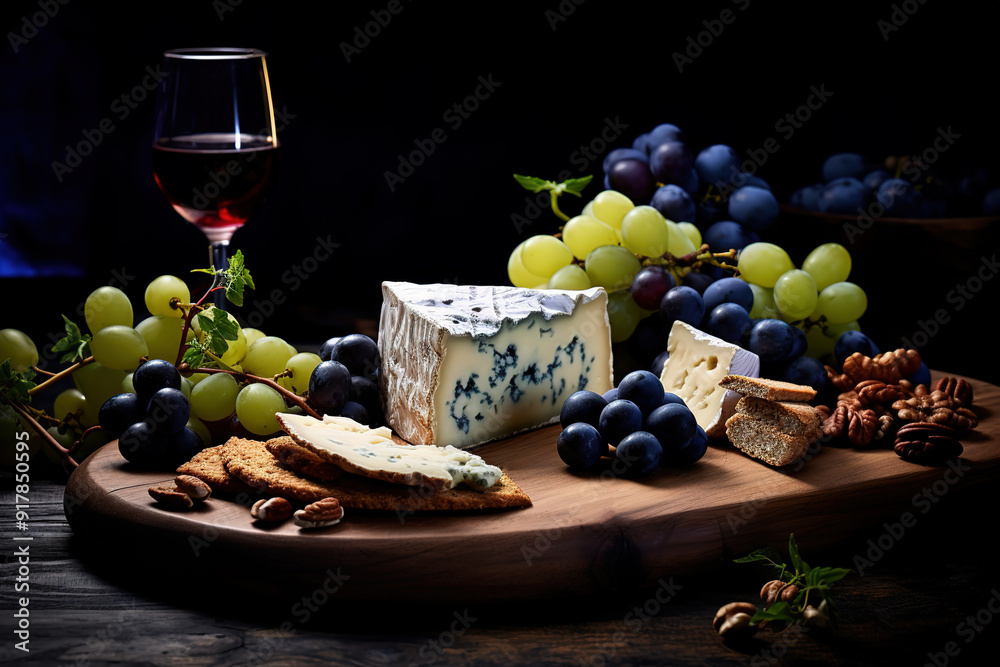 A wooden cutting board topped with cheese, wine and grapes A wooden cutting board topped with cheese, wine and grapes