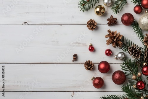 Top view of Christmas decorations, red and gold ornaments, pine cones, and evergreen branches on white wooden background.