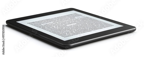 Black E-Reader with Text on Screen 3D Illustration photo