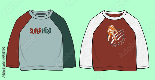 Toddler boys outer space raglan sleeve crew neck colour block t-shirt flat sketch outline vector fashion illustration template.