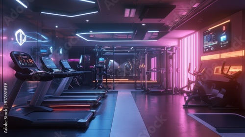 Futuristic Fitness Center Interior with Neon Lights and Exercise Equipment