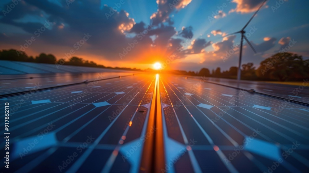 Solar panels reflecting the setting sun, a symbol of sustainable energy and a hopeful future. Solar panels reflecting the setting sun, a symbol of sustainable energy and a hopeful future.