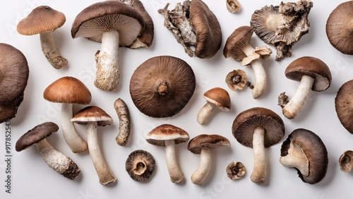 Assorted organic mushrooms such as shiitake oyster and portobello on white background with ample copy space Fresh fungi concept photo