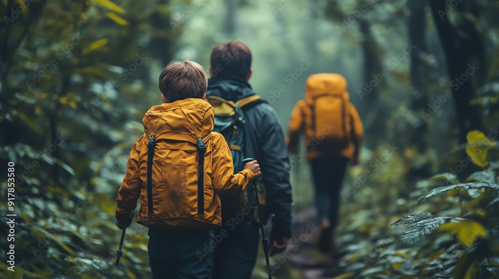 custom made wallpaper toronto digitalFamily hiking through lush green forest in autumn, wearing backpacks and enjoying nature. Adventure, exploration, and outdoor activity.