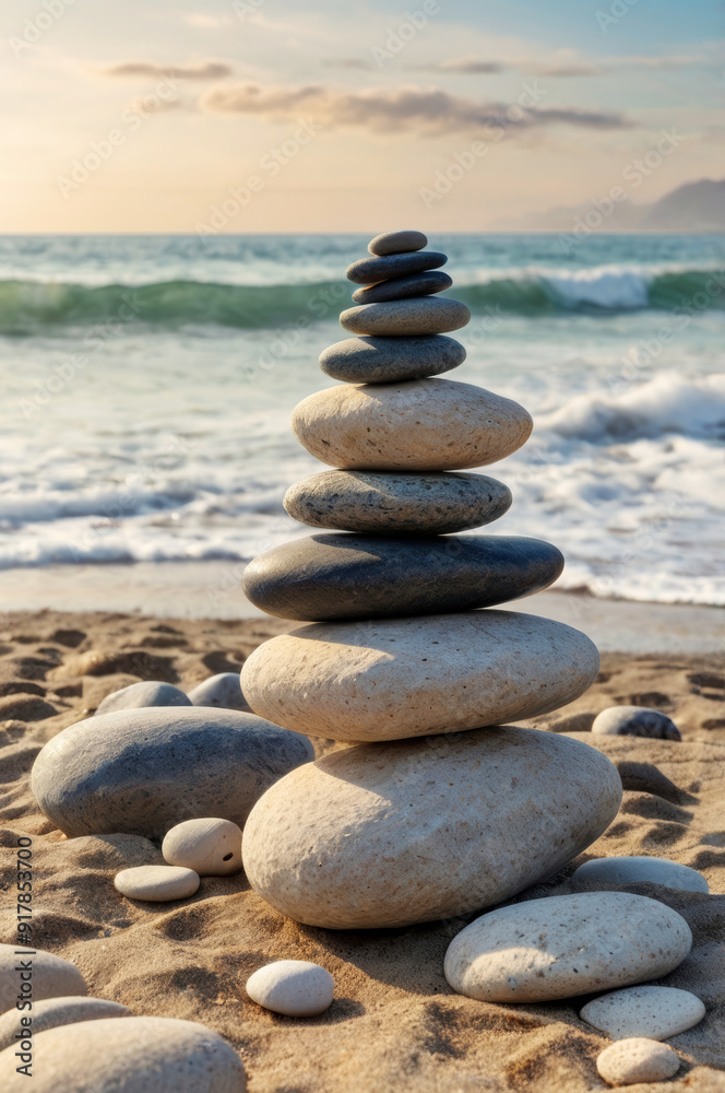 Balance of stones on the beach against the background of the sea Balance of stones on the beach against the background of the sea