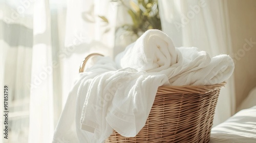 White towels and linens spill out of a laundry basket, captured in a bright, airy setting.