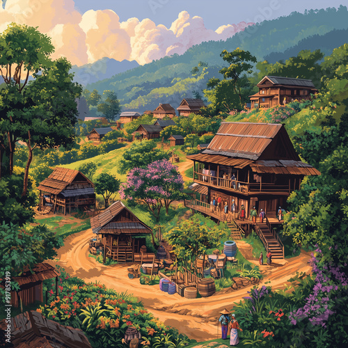 The photo illustration of scene picturesque Thai village with traditional houses, rice paddies