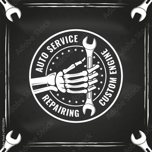 Auto service logo, emblems, badges, sticker on the chalkboard. Vector. Service car repair, restoration and car club design elements.