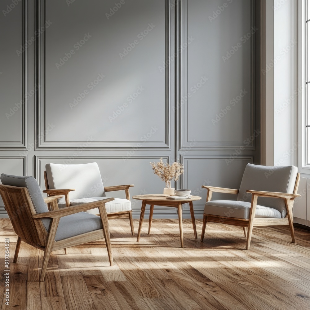 A room with a white wall and wooden furniture A room with a white wall and wooden furniture