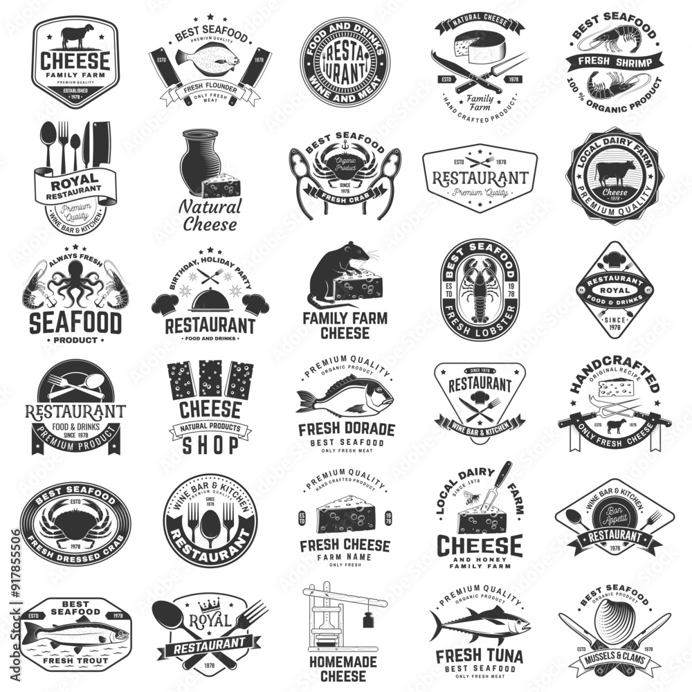 Set of cheese family farm, seafood and Restaurant retro badge. Vector. For seafood emblem, sign, patch, shirt, menu restaurants with cheese, tuna, trout, shrimp, octopus crab mussels and clams Set of cheese family farm, seafood and Restaurant retro badge. Vector. For seafood emblem, sign, patch, shirt, menu restaurants with cheese, tuna, trout, shrimp, octopus crab mussels and clams