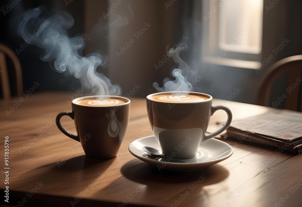 Two cups of coffee sit on a table with a coffee cup in front of them Two cups of coffee sit on a table with a coffee cup in front of them