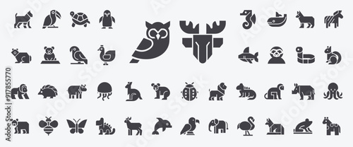Collection animal glyph icons in simplistic style, Geometric Design Brand Flat