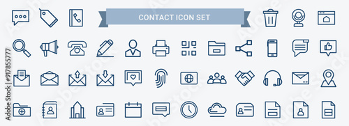 Set 42 blue linear icons communication methods devices concepts related to interpersonal connection sharing information, document file print letter