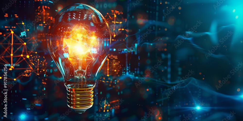 A light bulb with a futuristic design, encircled by floating AI-related symbols like machine learning models and digital interfaces, showcasing the power of intelligent technology A light bulb with a futuristic design, encircled by floating AI-related symbols like machine learning models and digital interfaces, showcasing the power of intelligent technology