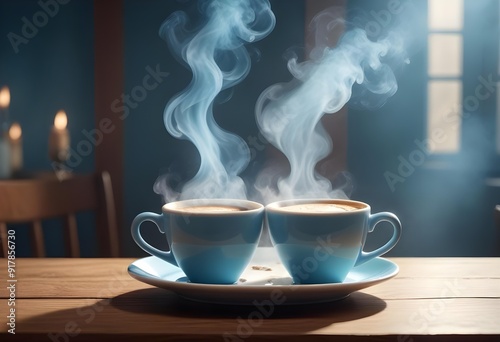 Two cups of coffee sit on a table with a coffee cup in front of them