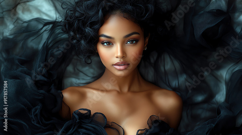 A stunning portrait of a woman surrounded by flowing black fabric, showcasing elegance and beauty in a captivating composition.