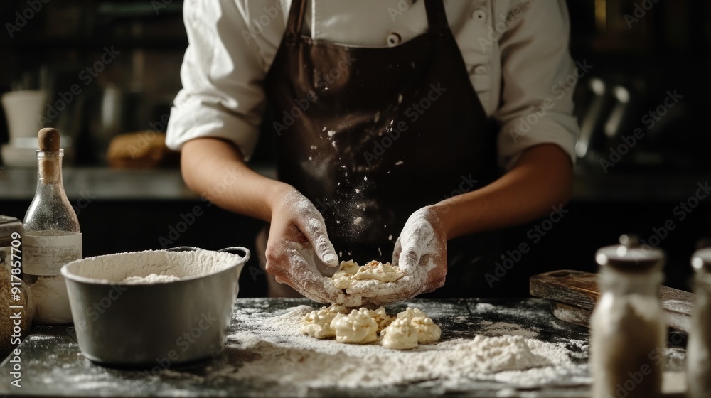 Fototapeta premium Baker Dusting Dough with Flour in Kitchen