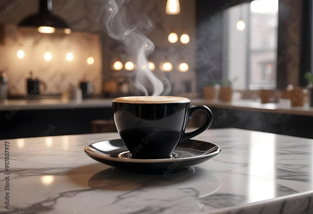 Two cups of coffee sit on a table with a coffee cup in front of them