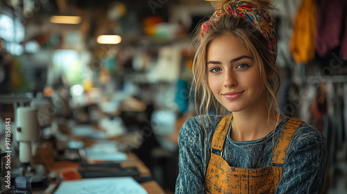 Wallpaper Mural A young woman in a creative workspace, smiling confidently while wearing a stylish outfit and colorful headband. Torontodigital.ca