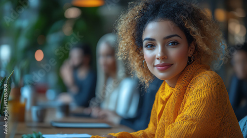 A young woman in an orange sweater smiles confidently while working in a modern office environment filled with plants.