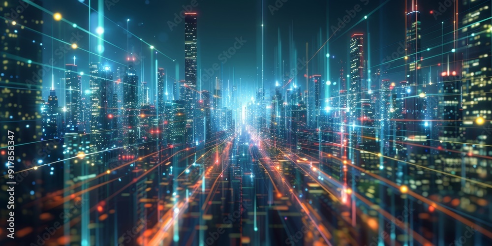 A dark cityscape illuminated by bright lines connecting high-rise buildings, showcasing the seamless flow of data and technological connections in a vibrant night city A dark cityscape illuminated by bright lines connecting high-rise buildings, showcasing the seamless flow of data and technological connections in a vibrant night city