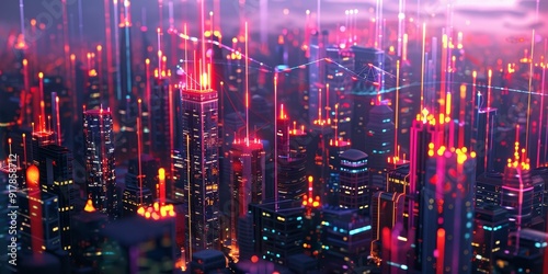 A nighttime cityscape featuring bright buildings interconnected by neon lines, representing the flow of data and communication channels within a modern metropolis