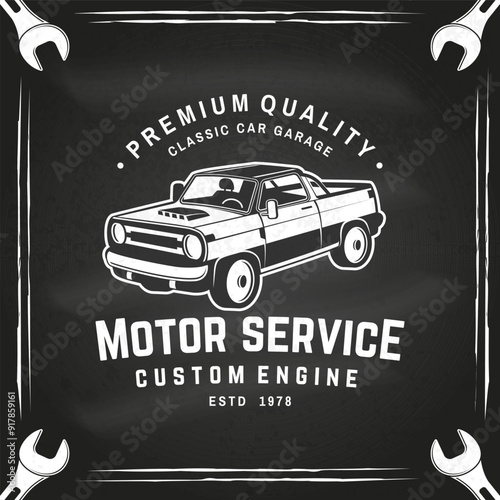 Auto service logo, emblems, badges, sticker on the chalkboard. Vector. Service car repair, restoration and car club design elements