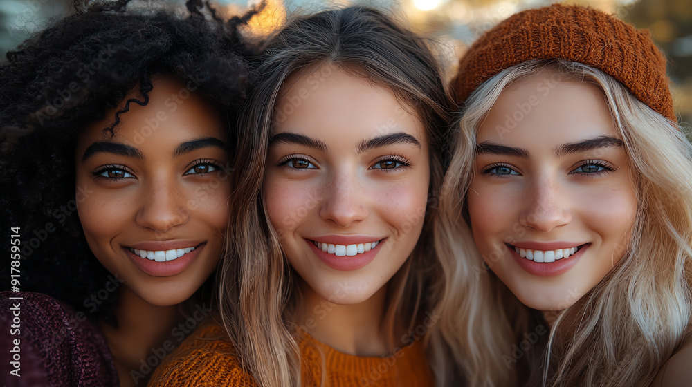 Three diverse women smiling together in a warm, sunny setting, showcasing friendship and joy in a natural background. Three diverse women smiling together in a warm, sunny setting, showcasing friendship and joy in a natural background.