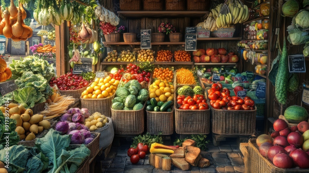 Fresh Produce Displayed in Baskets at a Market Stall Fresh Produce Displayed in Baskets at a Market Stall