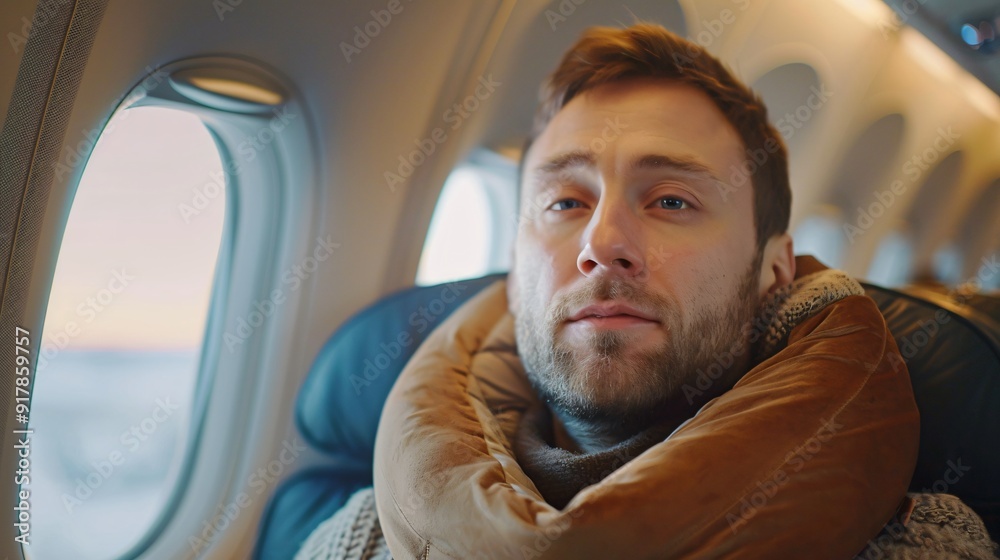 A man sits comfortably in an airplane seat, gazing out the window as the sunset casts warm colors across the sky A man sits comfortably in an airplane seat, gazing out the window as the sunset casts warm colors across the sky