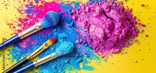 Close up of makeup brushes and colorful eyeshadows on a yellow background. A concept for beauty, fashion, and artistry.