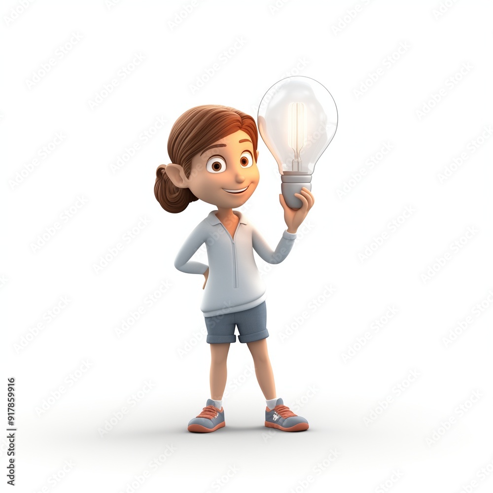 3D Illustration of a Young Girl Holding a Light Bulb, Representing a Bright Idea Concept 3D Illustration of a Young Girl Holding a Light Bulb, Representing a Bright Idea Concept