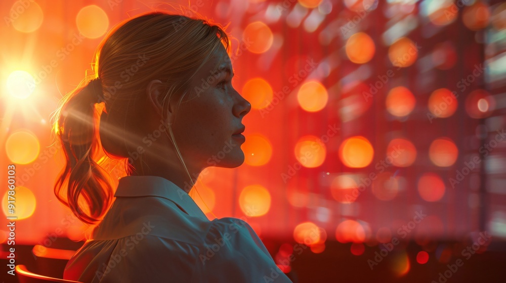 A woman with a ponytail sits quietly, engrossed in colorful lights illuminating a night concert atmosphere A woman with a ponytail sits quietly, engrossed in colorful lights illuminating a night concert atmosphere