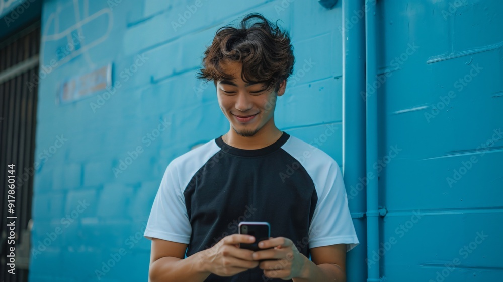 Fototapeta premium A young man casually checks his smartphone, smiling as he enjoys a moment against a bright blue background