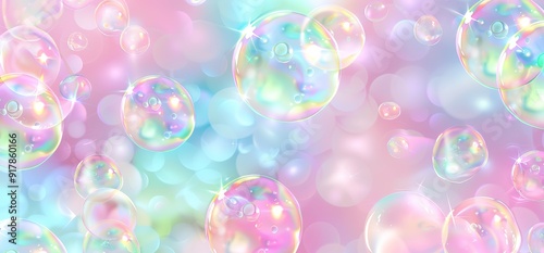 Abstract background of pastel colored soap bubbles floating on a blurred background. Ideal for use in design projects.