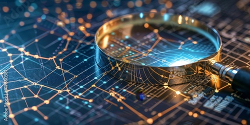 A close-up of a magnifying glass over a network blueprint, emphasizing intricate data connections and nodes, illustrating the process of thorough network inspection and analysis