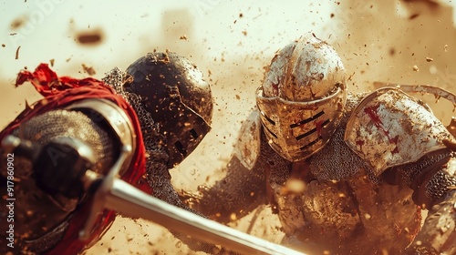 Epic duel between valiant knights, armor glinting in sunlight, swords clashing fiercely, surrounded by an open meadow, tension palpable in the air, a battle for honor and glory.