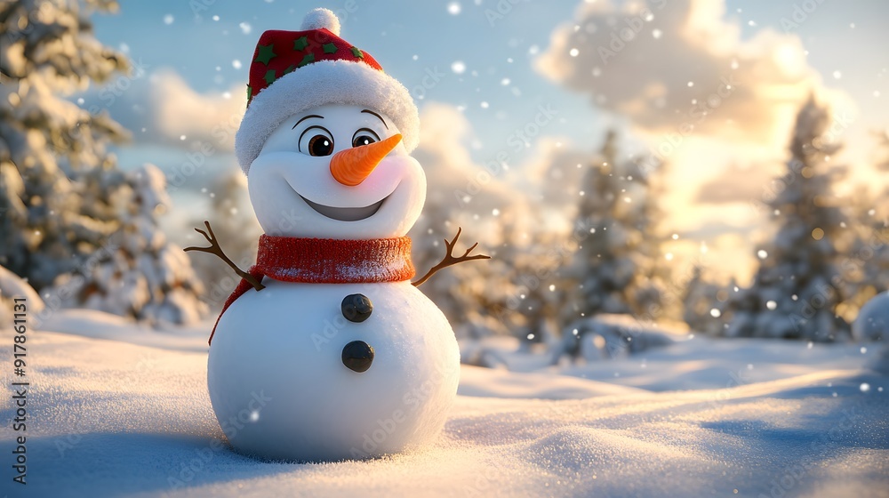 Fototapeta premium A Cheerful Snowman in a Festive Red Hat and Scarf Standing on a Snowy Landscape Under a Golden Sunset with Falling Snow