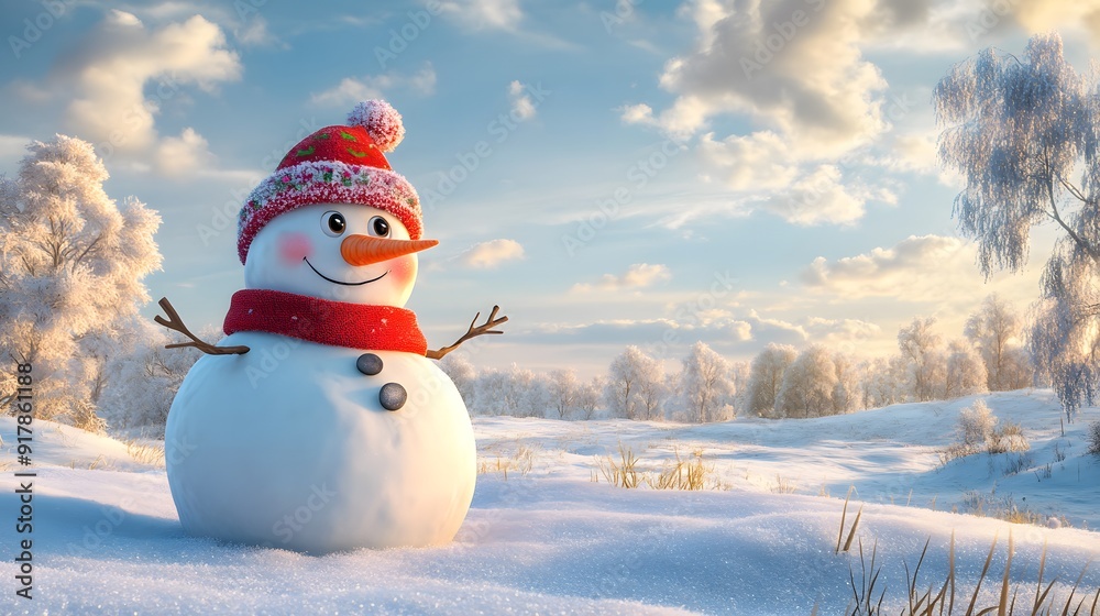 Obraz premium A Cheerful Snowman in a Winter Wonderland with a Frosty Hat, Red Scarf, and a Carrot Nose