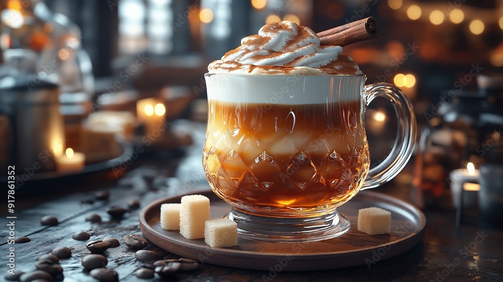 © kodidesign - Classic Irish coffee with Whipped Cream in a Crystal Mug, Perfect for Cozy Winter Mornings and Warm Evenings by the Fireplace