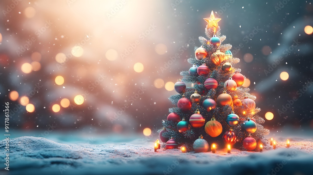 A Christmas Tree in a Winter Wonderland, Adorned with Ornaments and Glowing with Warm Lights A Christmas Tree in a Winter Wonderland, Adorned with Ornaments and Glowing with Warm Lights