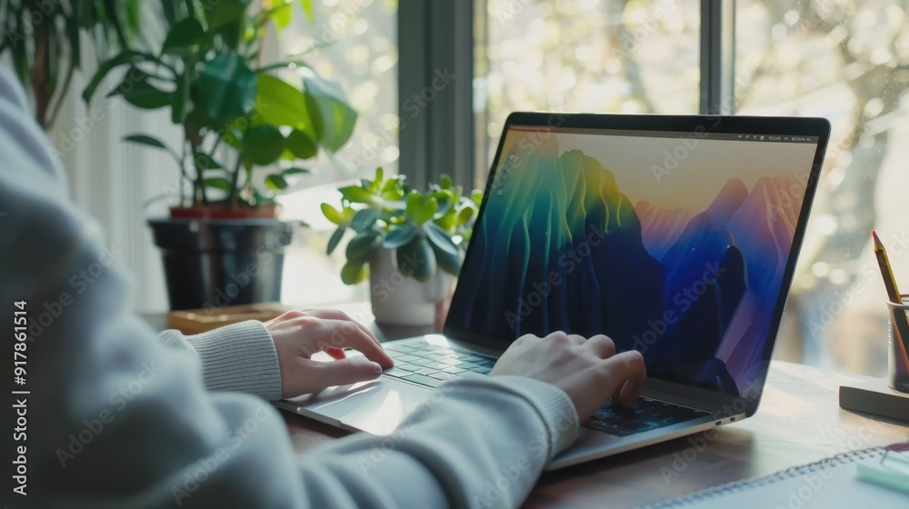 The laptop on home desk description: Work desk with hands typing on laptop, plants, and window. The laptop on home desk description: Work desk with hands typing on laptop, plants, and window.